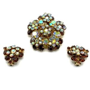 Verified 60's JULIANA D&E Set Gold & Brown 3D Floral Brooch & Clip On Earrings